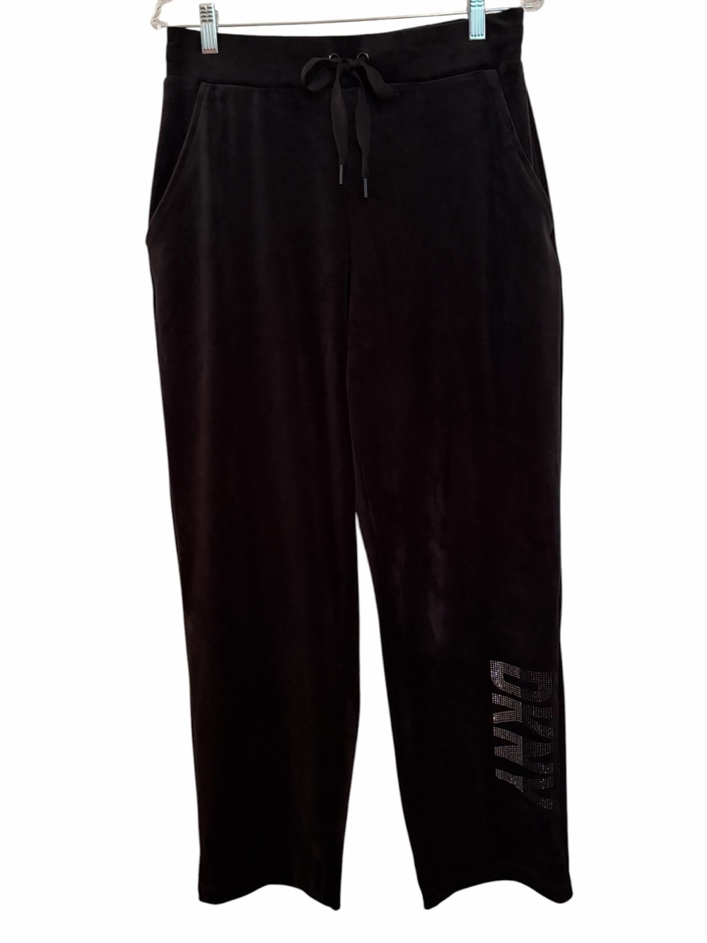 DKNY Track Pant Womens S Black Velour Rhinestone Logo Pockets Wide Leg Pull On